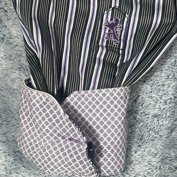 Bugatchi Uomo Mens Shaped Fit Button Down Shirt Black Purple Striped Long Sleeve - Picture 7 of 16